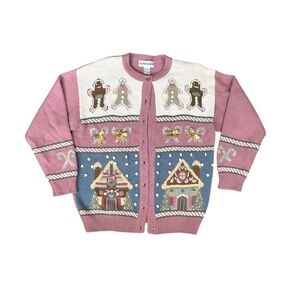 Vintage Light Pink Gingerbread Cottagecore Christmas Holiday Sweater L